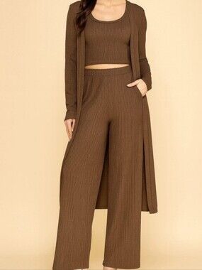 New Mix Brown Ribbed Wide-Leg Pantsuit Set